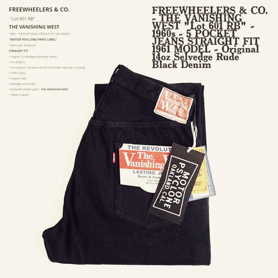 FREEWHEELERS & CO Lot 601 Jeans noirs à bord rouge 14oz