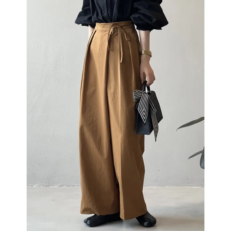 Johnature Casual Korean Asymmetrical Slant Front Tie Wide-leg Pants Women High-waisted Versatile Straight-leg Casual Pants