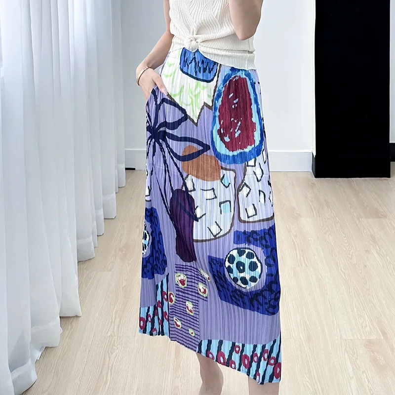 Miyake Style Skirt Women's Fashionable Temperament Versatile Niche Print Slim Slim Pleated Skirt 2024 Summer New Style