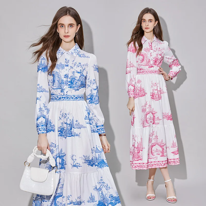 Autumn Runway Blue Red Floral Print Midi Dress Women's Lapel Long Lantern Sleeve High Street Casual Party A-Line Shirt Dress