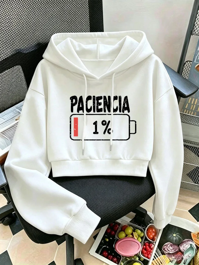 Fashion Women Spanish Paciencia 1% Battery Graphic Cropped Hoodie Long Sleeve Funny Hooded Sweatshirt Funny Casual Crop Tops