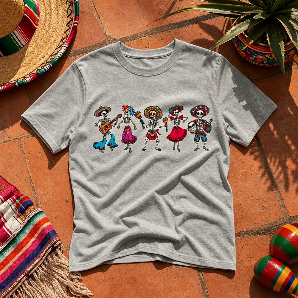 Unisex Breathable Skeleton Band Tee Short Sleeve Parent-Child Day of the Dead Fiesta Celebration Summer T-Shirt for All Ages
