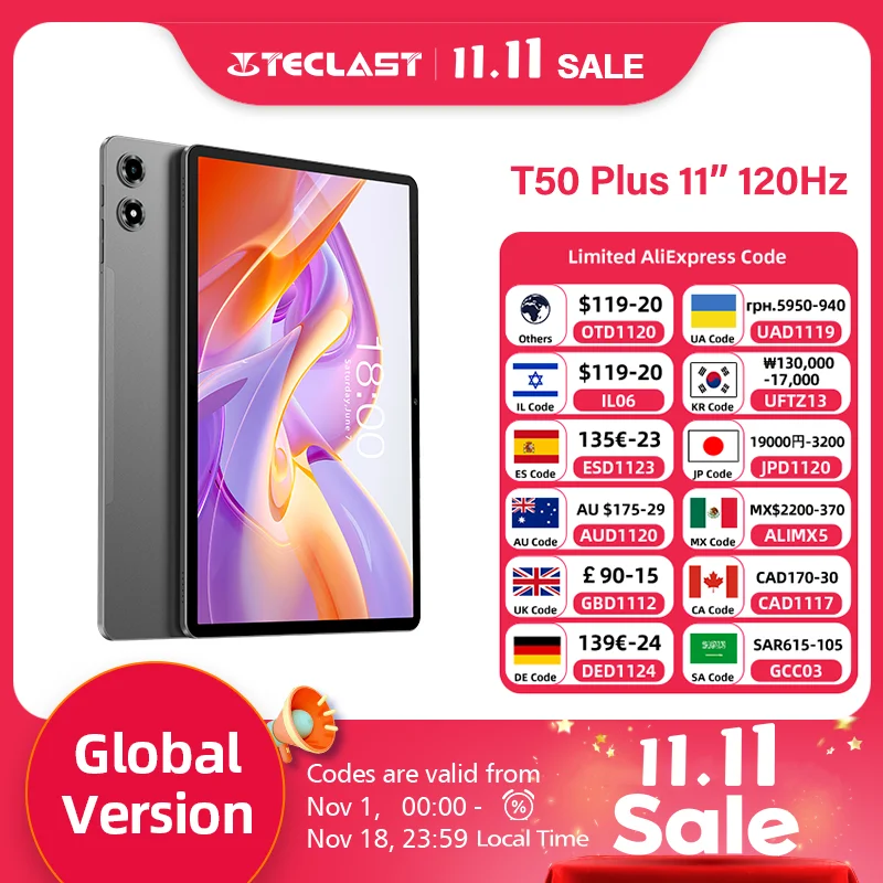 테클라스트 T50 플러스 11" 120Hz FHD UNISOC T620 최대. 48GB RAM, 128GB ROM, 안드로이드 16 운영체제, 8000mAh 배터리, 4G LTE, 듀얼 SIM, GPS 기능이 있는 태블릿 PC
