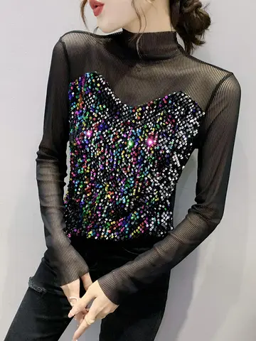 슬림핏 레이스 트림 긴팔 스퀘어 칼라 숏 티셔츠 한국 스타일 출퇴근용 단색 봄 가을 여성 패션 탑 8 섹시한 긴 소매 티셔츠 여성용 메쉬 스플 라이스 반짝 이는 스팽글 탑 세련된 기본 셔츠 트렌디 통근 한국 스타일 슬림 피트