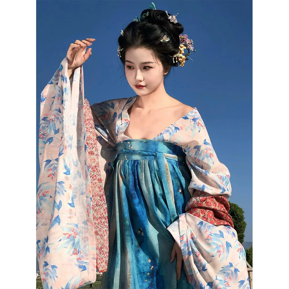 

Tang made small Tang style chest-length long-sleeved jacket adult national style blue broken skirt Spring and Autumn costume