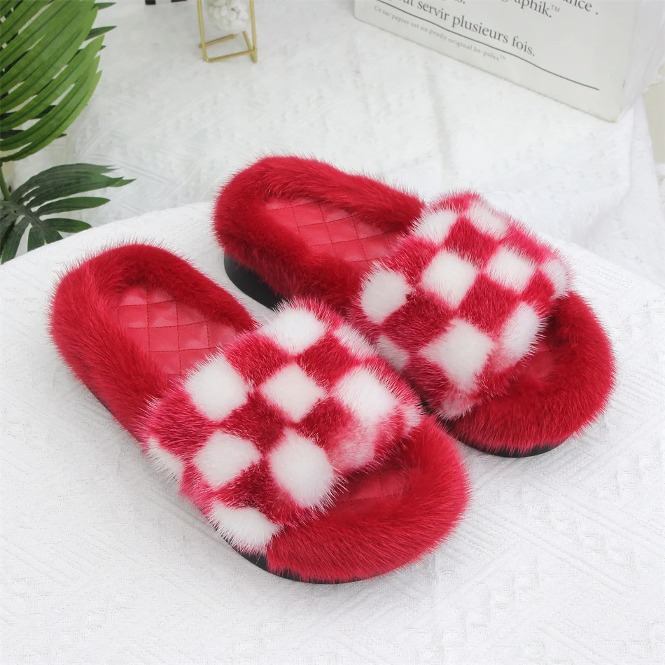 

2024 Luxury 100% Real Mink Fur Slippers For Women Shoes Women's Casual Real Fur Slides Flip Flop Ladie Slippers Flat Femme Shoes