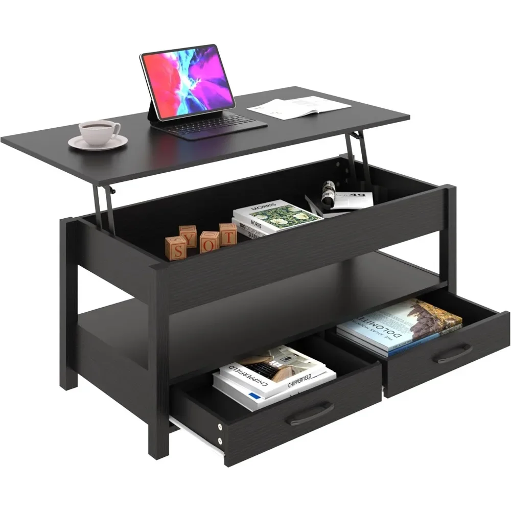 

Lift Top Coffee Table with Hidden Compartment, 2 Drawers and 1 Open Shelf, Retro Central Wooden Table Lift Tabletop