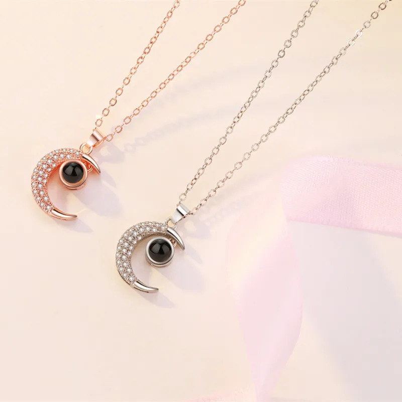 

Custom Photo Projection Moon Pendant Necklace with Photo Inside Paved Diamond Photo Choker