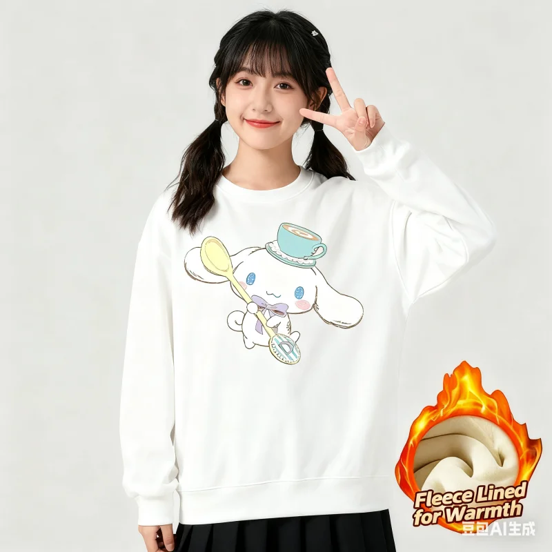 

Топ с длинными рукавами и круглым вырезом с принтом серии Sanrio 2025, милая и теплая футболка с круглым вырезом и длинными рукавами на флисовой подкладке, 100% хлопок
