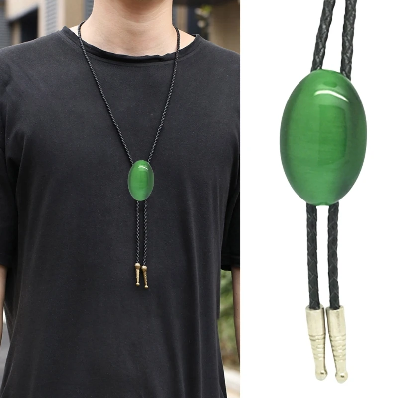 

Vintage Bolo Tie Necktie Artificial Leather Braided Rope Necklace with Cats Eye Green Stone Pendant Jewelry Neckwear