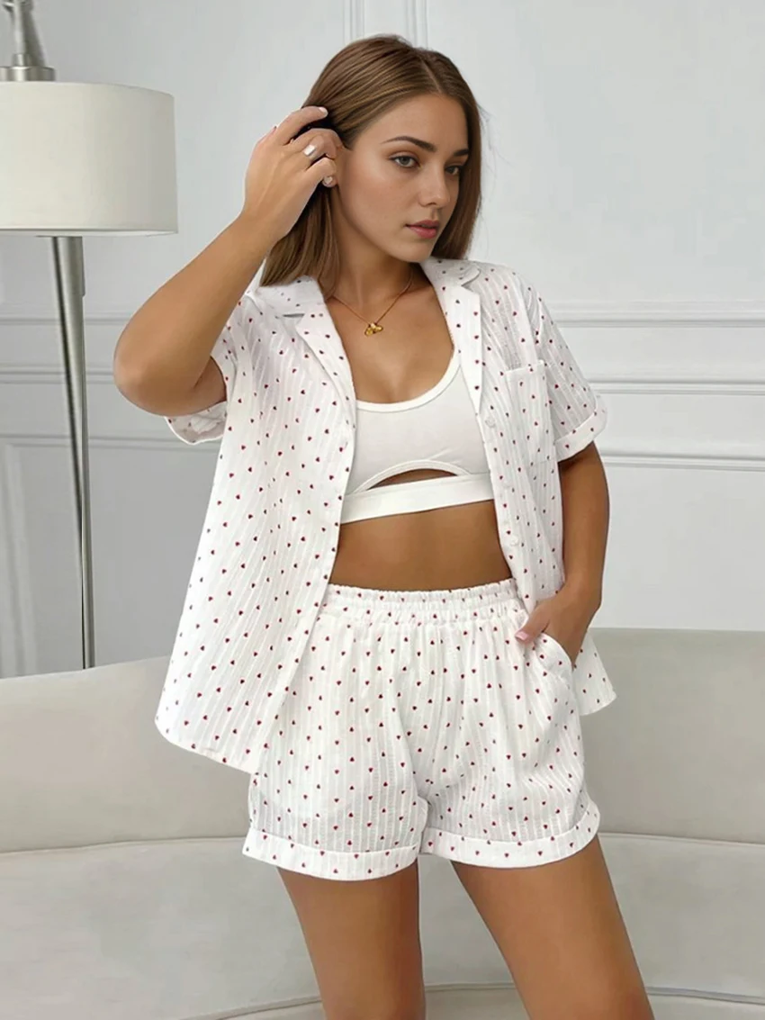 Mathaqiqi Cotton Summer Women Pajamas 2 Piece Suit Turn-Down Collar Sleepwear Short Sleeve Nightgowns Shorts Casual Home Clothes