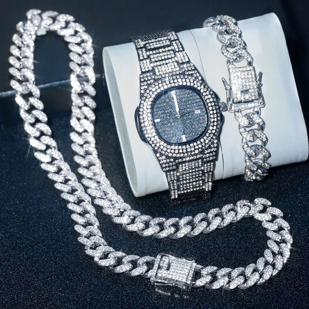 Stylish Classic Watch Set Iced Out Hip-hop Punk Black Watch+Silver Cuban Chain+Bracelet 3-in-1 Set Men Women Trend Jewelry Gift