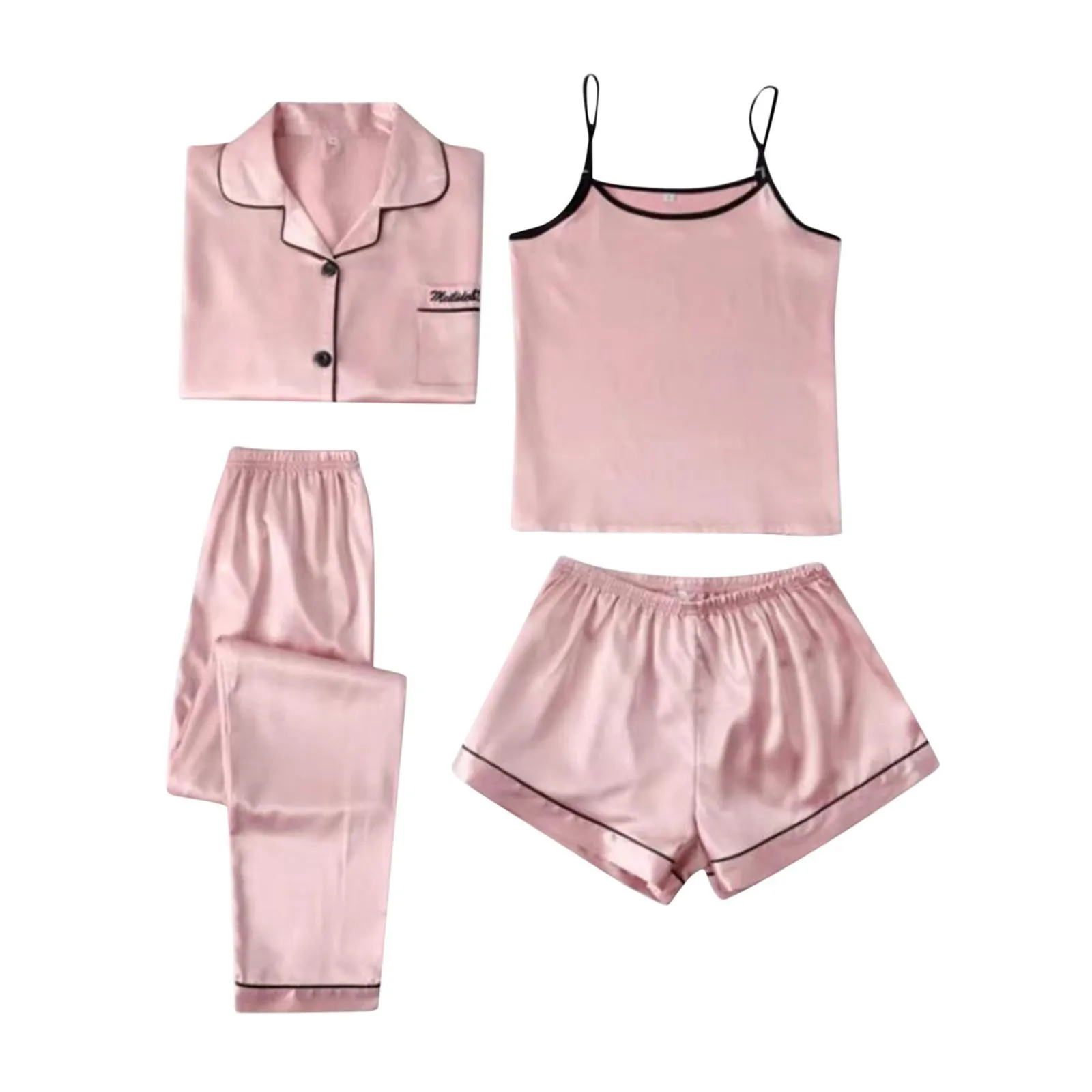 Sleepwear Women Long Sleeve Suspenders Long Pants Shorts Pajamas 4 Piece Set Ice Silk Quick Dry Night Dress Trouser Shirt