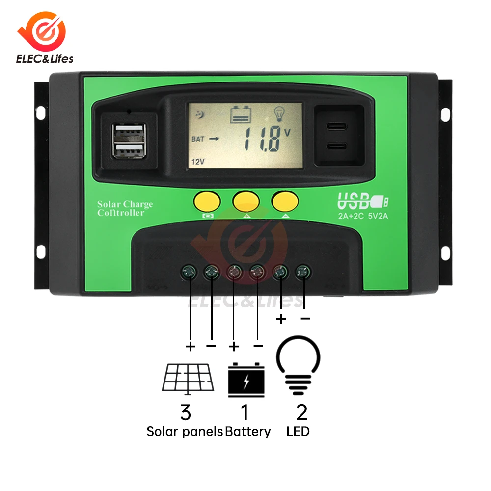 MPPT Solar Charge Controller 30A 40A 100A Dual USB LCD Display 12V 24V PWM Solar Cell Panel Charger Regulator with Timer