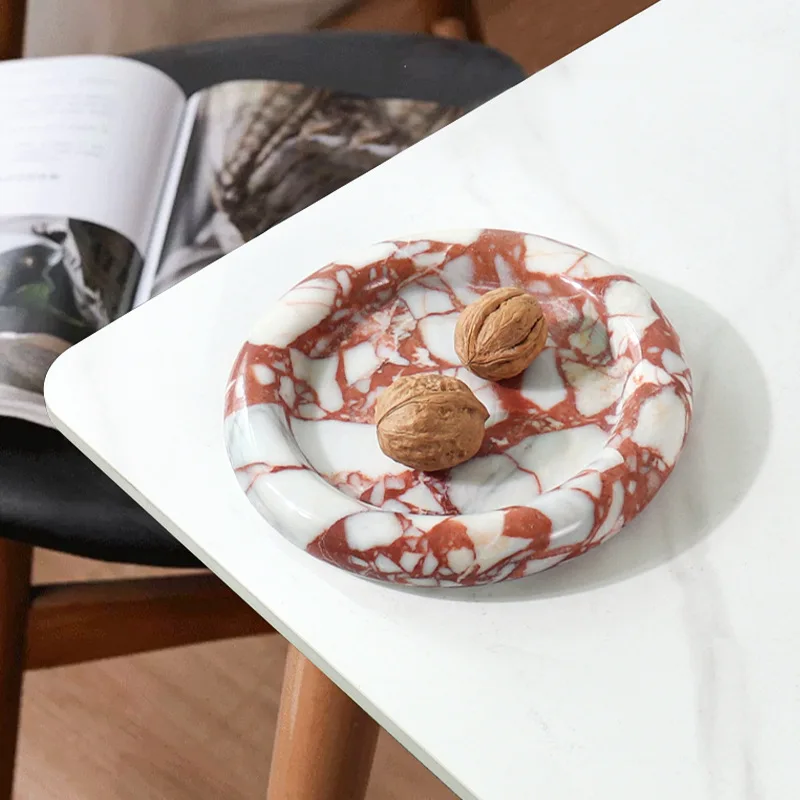 Natural marble circular fruit plate creative home living room circular stone groove tray tabletop dry fruit snack plate