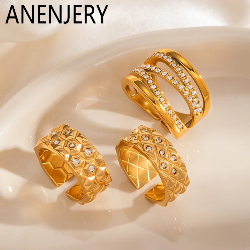 ANENJERY 316L Stainless Steel Checkerboard Line Hexagon Zircon Open Ring For Women Simple Luxury Temperament Jewelry Gifts
