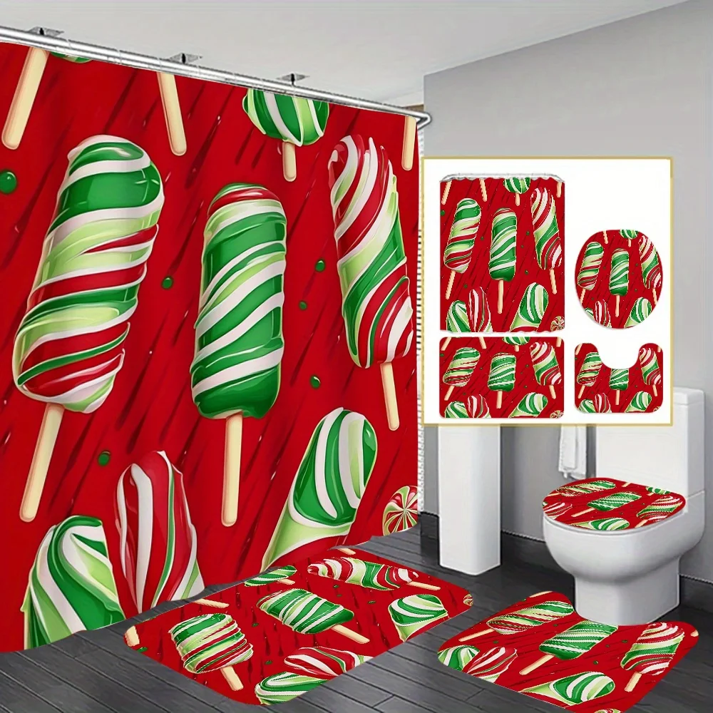 4pcs Ice Cream Bathroom Set, Includes Printed Shower Curtain with Hooks, Non-Slip Mat, 12 Plastic Toilet Lid Covers & Rugs