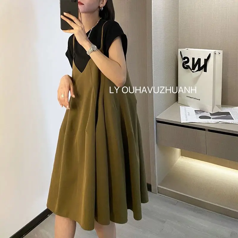 Loose Ladies Two-piece Suit Casual Oversized Solid Color Tops Simplicity Camis Dresses Summer Thin Pullovers Women's Clothing