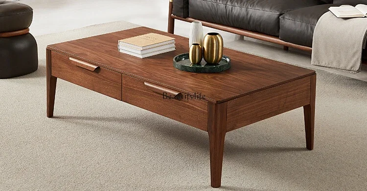 North American black walnut solid wood coffee table with drawers Nordic simple living room low tea table