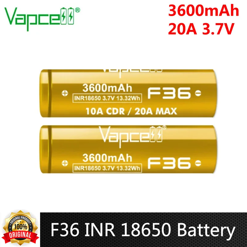 Original Vapcell F36 INR 18650 Battery 3600mAh 3.7V CDR 10A Max 20A High Power Li-ion Rechargeable Battery For Vapemod Toy DVD