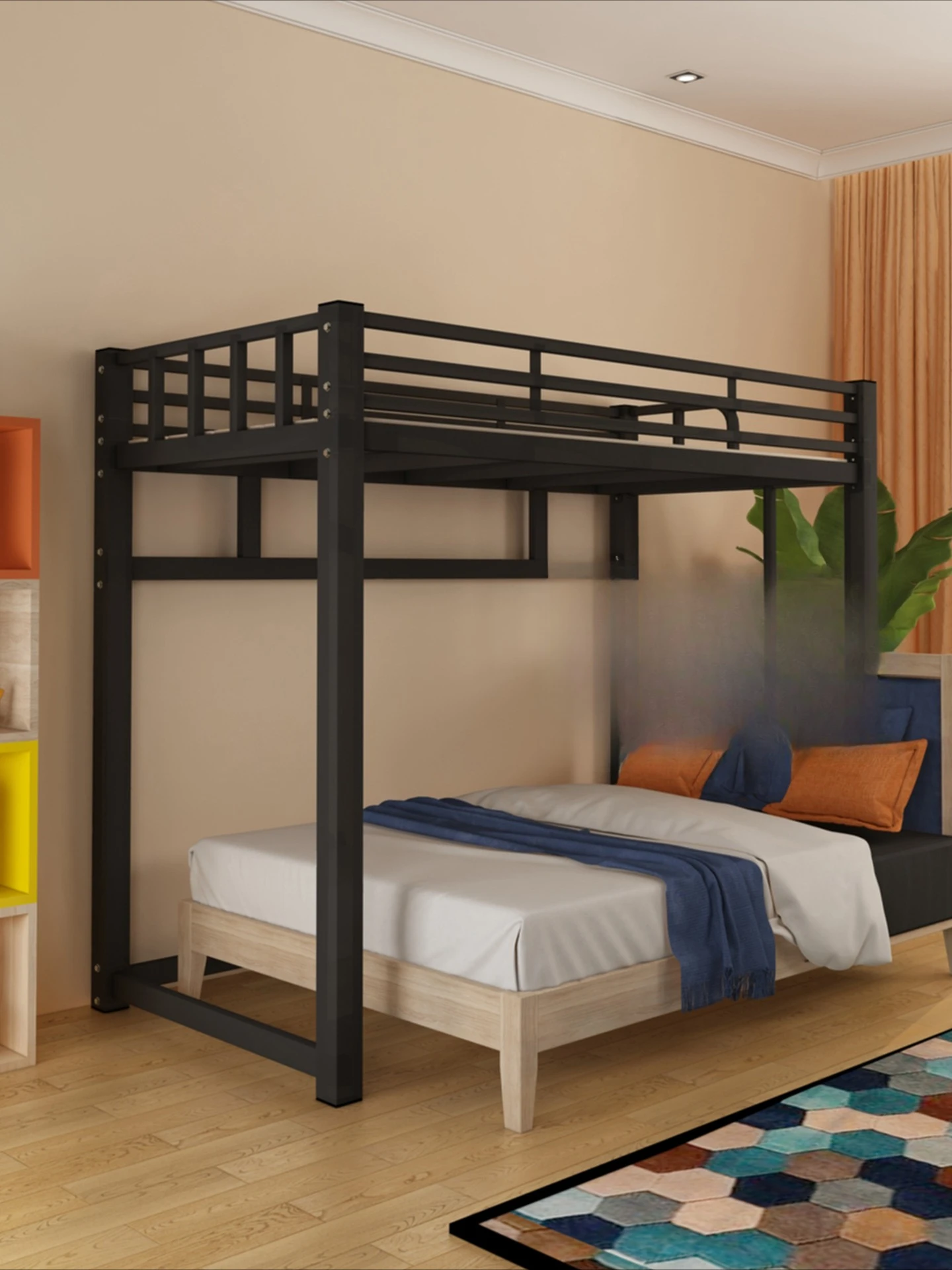 استئجار قطعة أثرية جديدة، سرير مرتفع موفر للمساحة، سرير مرتفع من الحديد المطاوع، طاولة سفلية مفردة #2