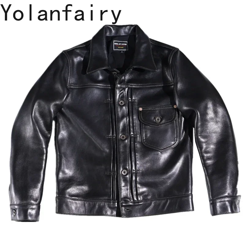 YOLANFAIRY Vintage Mens Leather Jacket Spring Autumn Vegetable Tanned Thick Sheepskin Coat Male Slim Genuine Leather Coat Men