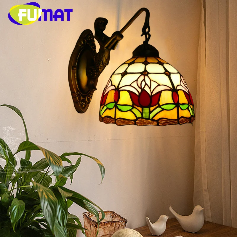 FUMAT Tiffany style stained glass retro tulip wall lamp for bedroom bedside lamp living room balcony aisle night light LED decor