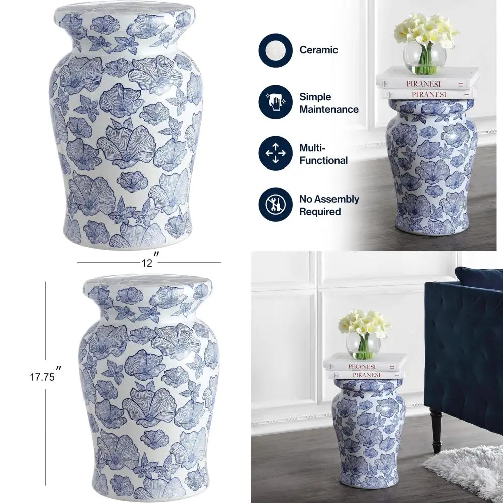 

jonathan y tbl1018a poppies 17.7" ceramic indoor/outdoor garden stool, stylized flower design, coastal, contemporary, modern, si