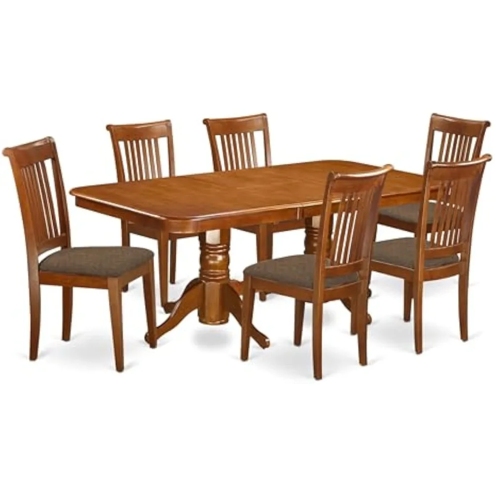 NAPO7-SBR-C 7 Piece Kitchen Table & Chairs Set Consist of a Rectangle Wooden Table with Butterfly Leaf and 6Linen Fabric Dining