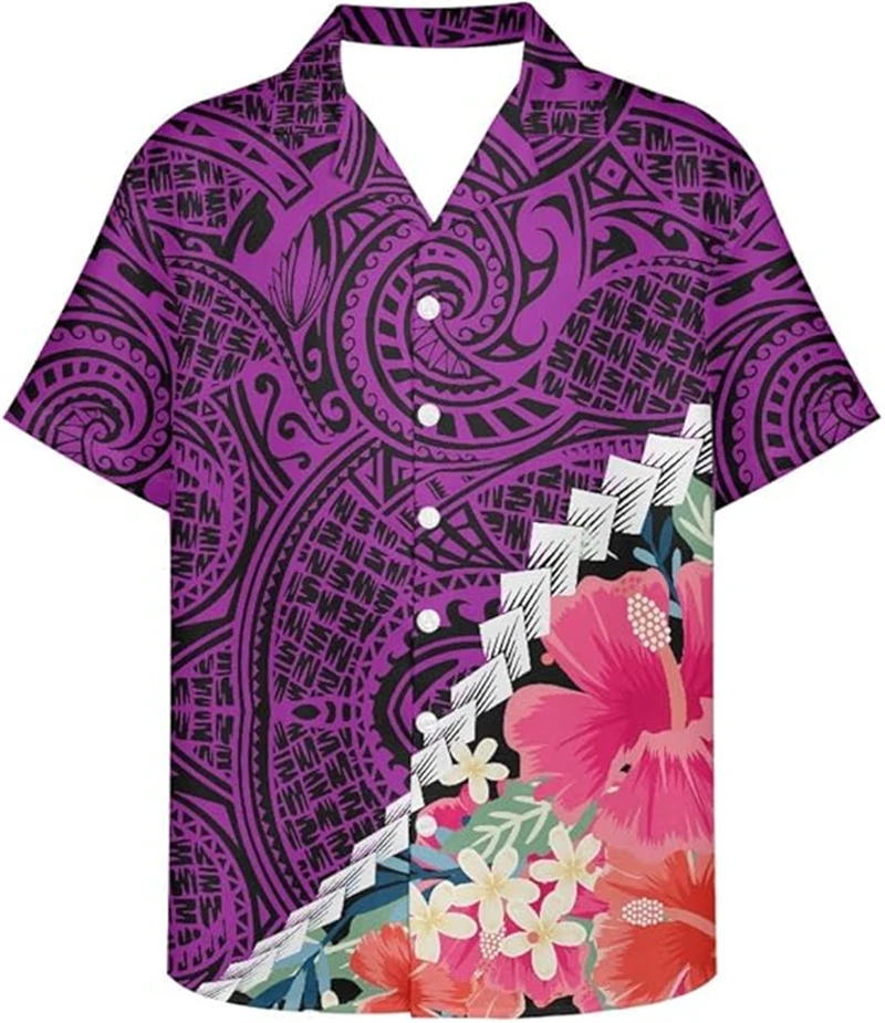 

Мужские пляжные рубашки с коротким рукавом и 3D-принтом в полинезийском стиле, повседневные гавайские футболки на пуговицах, мужские оверсайз-топы, одежда