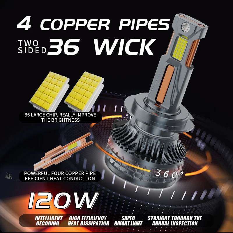 2pcs H7 120W K13 4 copper tube high-power LED car light H8 H9 H11 H1 H4 LED headlight bulb 6000K LED HB3 HB4 LED car light 12V