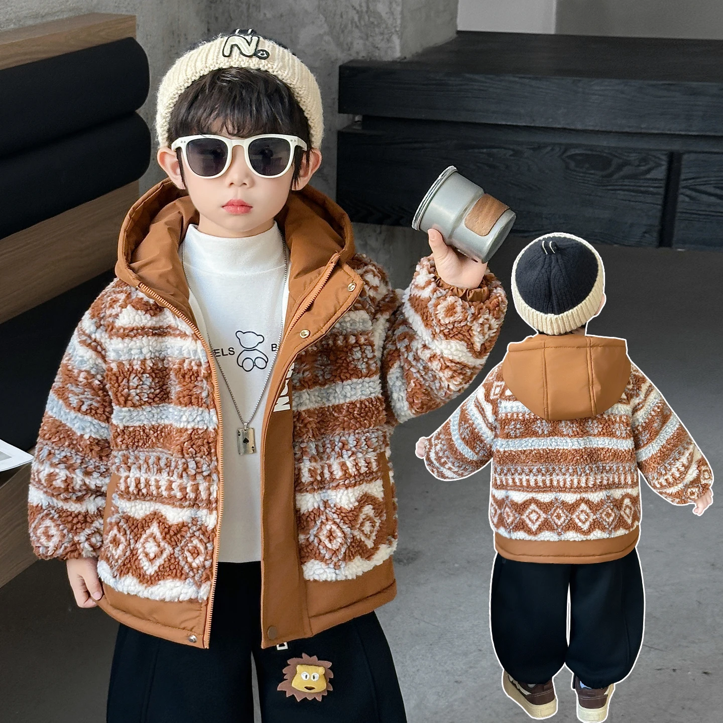 

Утепленная зимняя куртка из овечьего флиса для детей, с капюшоном, хлопковая, молодежная, приталенная, повседневная, из полиэфирного волокна