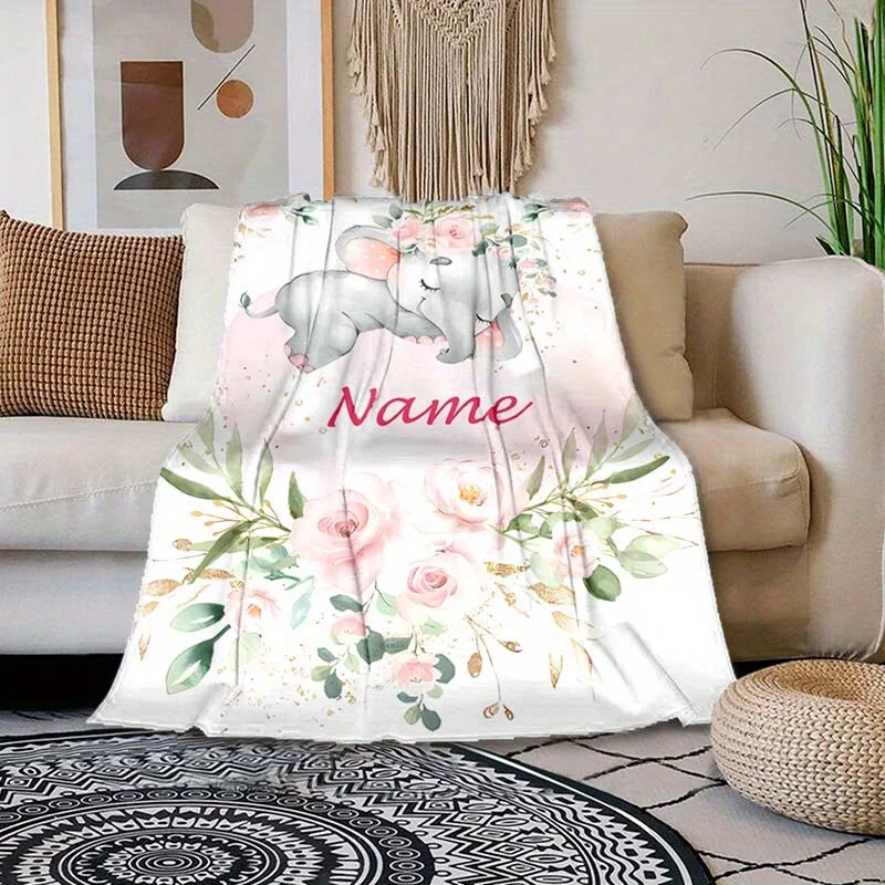 Personalized name elephant flower pattern flannel blanket,the ideal choice for a nap camping trip, a unique gift for your family