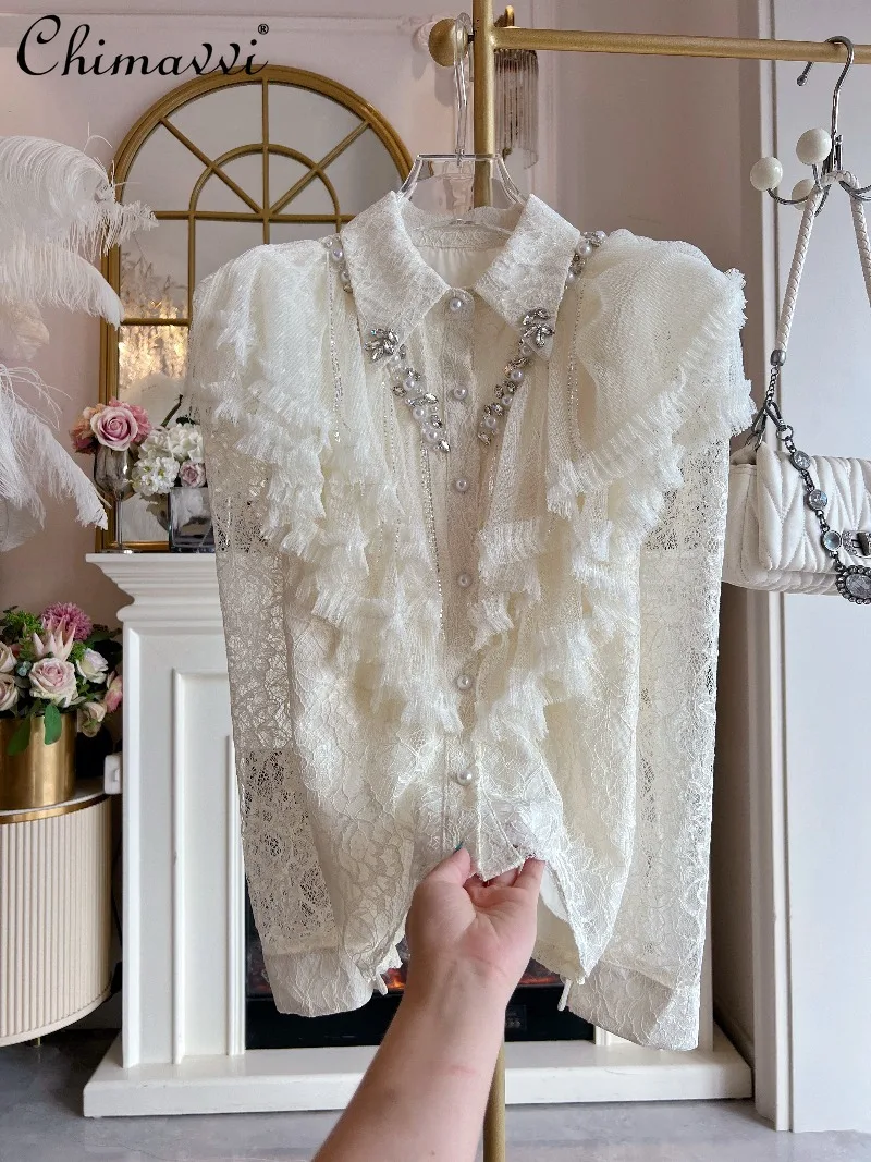 

2025 Autumn New Korean Fashion Heavy Lace Shirt Sweet Girl Patchwork Mesh Ruffle Single-Breasted Long Sleeve Blouse Tops