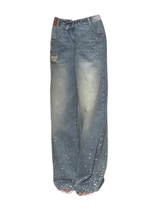 سراويل نسائية كبيرة الحجم غير رسمية من قماش الدنيم صيفية فضفاضة مرصعة بالألماس سراويل طويلة واسعة الساق بخصر غير متماثل