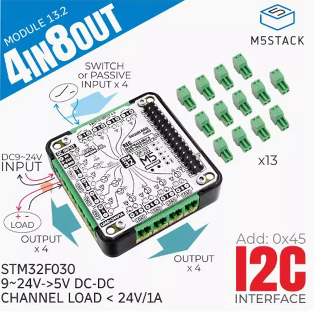 

M5Stack 4IN8OUT 8 MOS driver outputs 4-way passive contact input IO expansion board