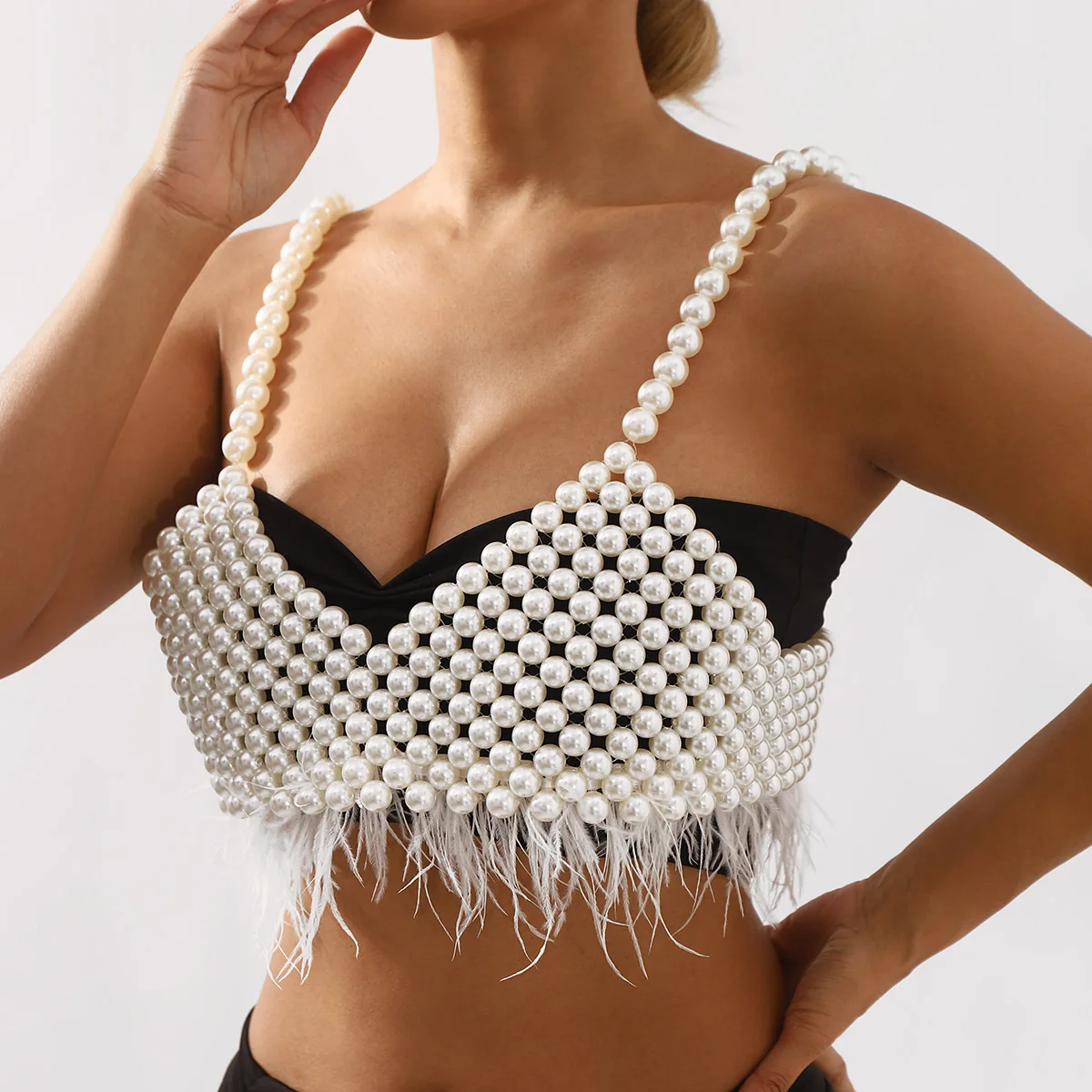 Body Jewelry Women Sexy​ Fashion Bra Chain Handmade Beaded Bikini Pearl Feather Chest Chain Strap Vest Party Catwalk