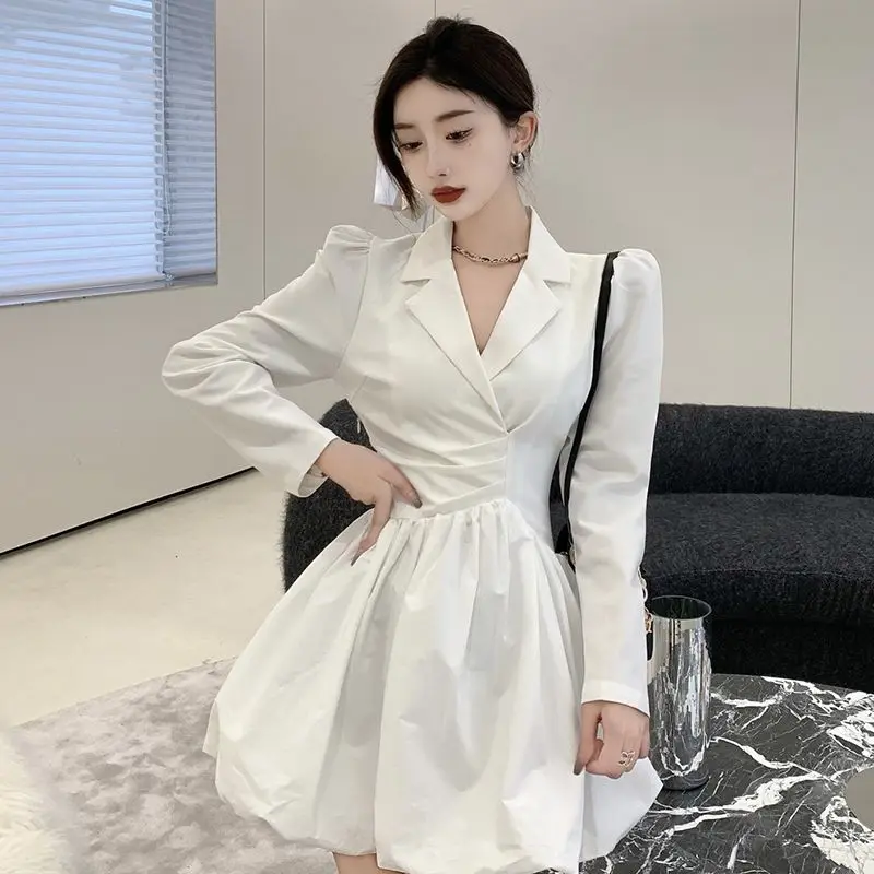 Korejepo Design Sense Niche White Suit Dress Women 2024 New Spring Waist Thin Temperament Long Sleeved Short Dresses Fashion