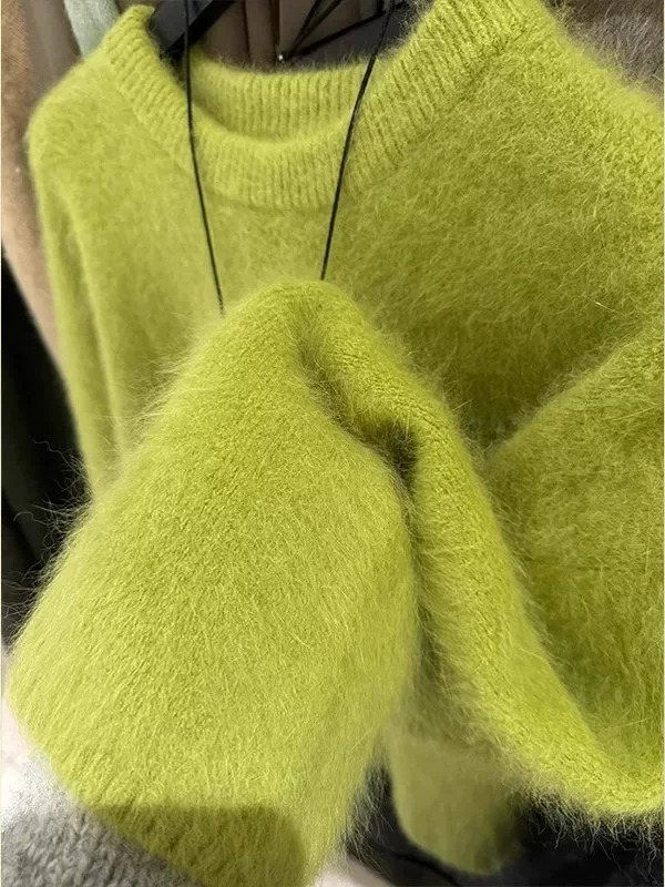 

Женский свитер Ele Faux Mink с круглым вырезом, осенне-зимний, мягкий, утепленный, верхняя одежда, теплый вязаный топ с длинными рукавами