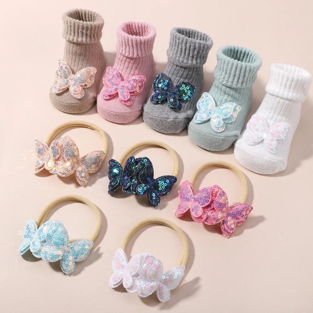 0-2Y Baby Girl Sweet Socks with Headband Set Lovely Flower Short Socks Fashion Sequin Butterfly Nylon Hairband Babe Accessories