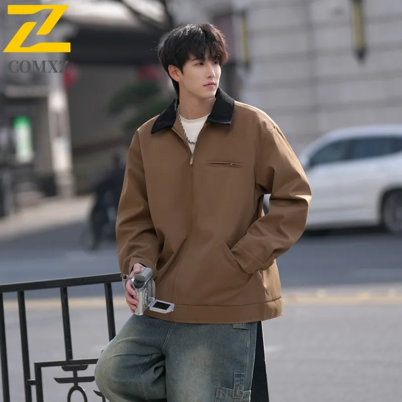 

COMXZ 2025 Men Jacket Spring Autumn Outdoor Workwear Two Way Notch Collar Sport Casual Coat Fashion Trendy Streetwear