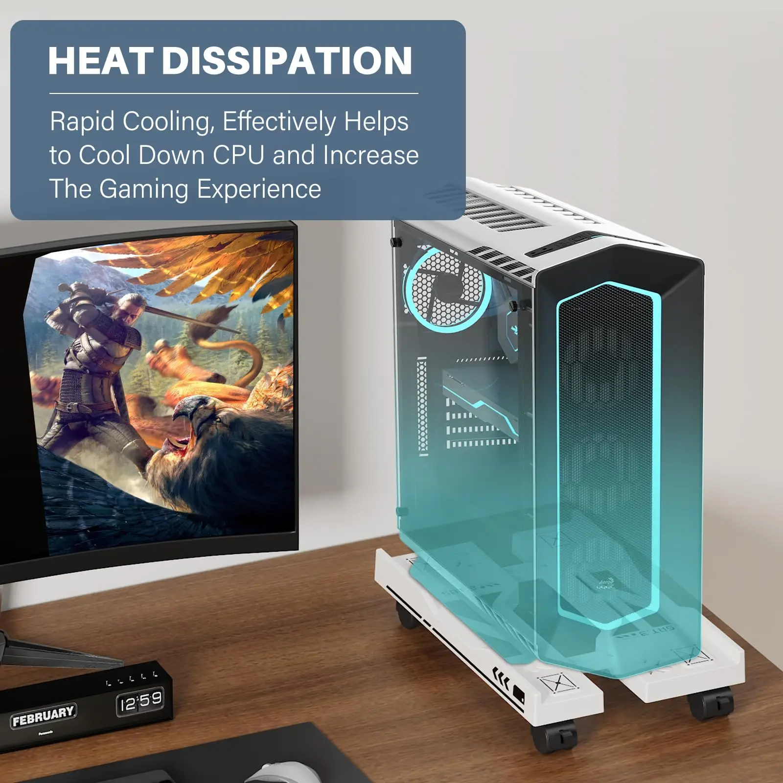 حامل برج الكمبيوتر المحمول قابل للتعديل مع عجلات تحت حامل وحدة المعالجة المركزية للمكتب، حامل مضيف الكمبيوتر المحمول المستقر القابل للتعديل للمكتب المنزلي