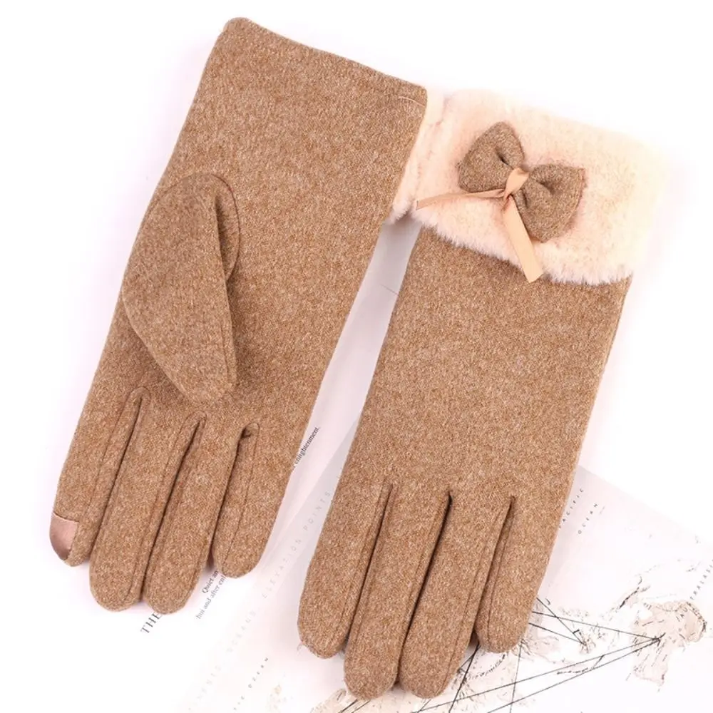 Fashion Plush Warm Gloves Bowtie Windproof Cold Proof Winter Gloves Thickened Touch Screen Driving Mittens for Outdoor