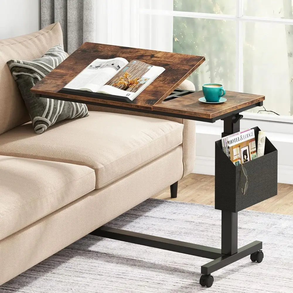 

Rustic Brown Mobile C-Shape End Table with Wheels, Side Shelf, and Laptop Tray