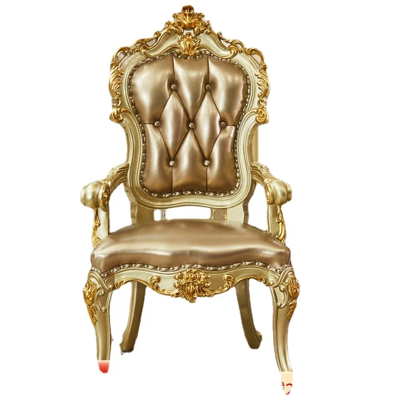 Leather dining chair All solid wood double-sided carved noble gold leather chair Household dining table and chairs with armrests