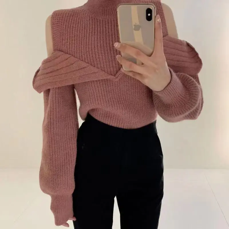 Sweater Hollow Shoulder Long Sleeve Knit Female Summer Fall Take Sweater New Render Unlined Upper Korea