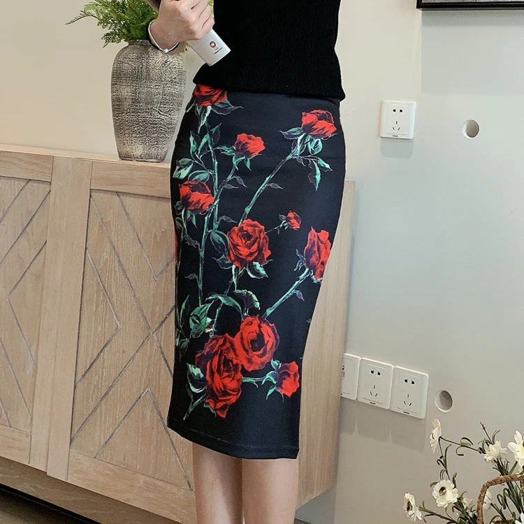 

Retro Ethnic Sle High Waist Slim Fit f Skirt Floral Print Elastic Women's mid Length Commute Skirt Polyester Fiber