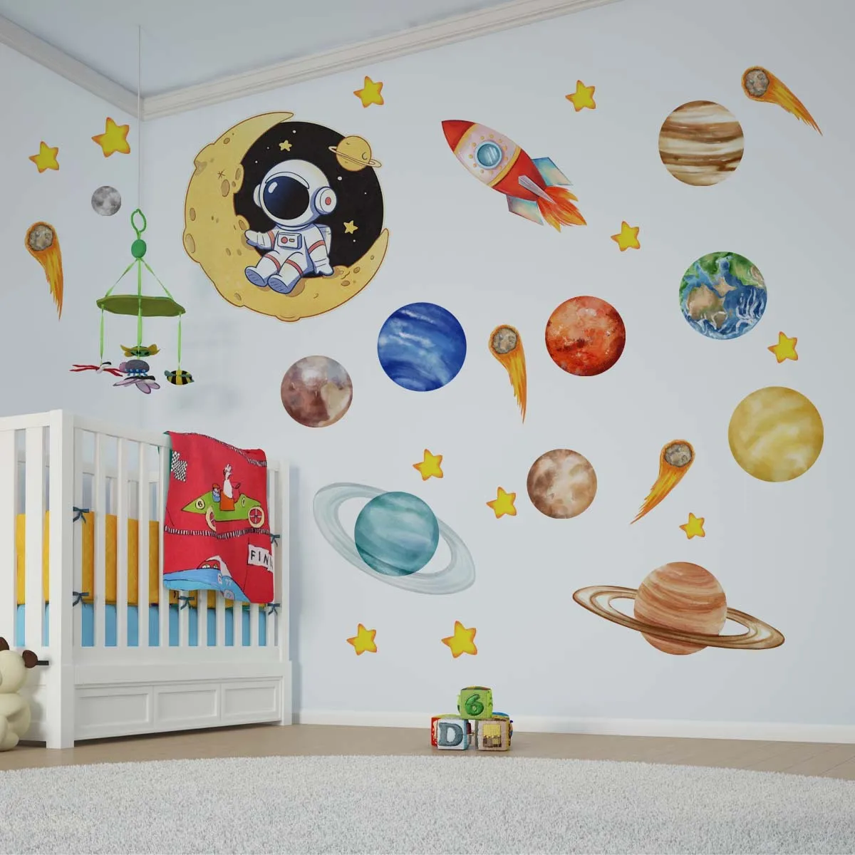 

Hand-Drawn Space Wall Decals - Cartoon Planets & Stars for Kids' Room, Living Room & Bedroom (Self-Adhesive)