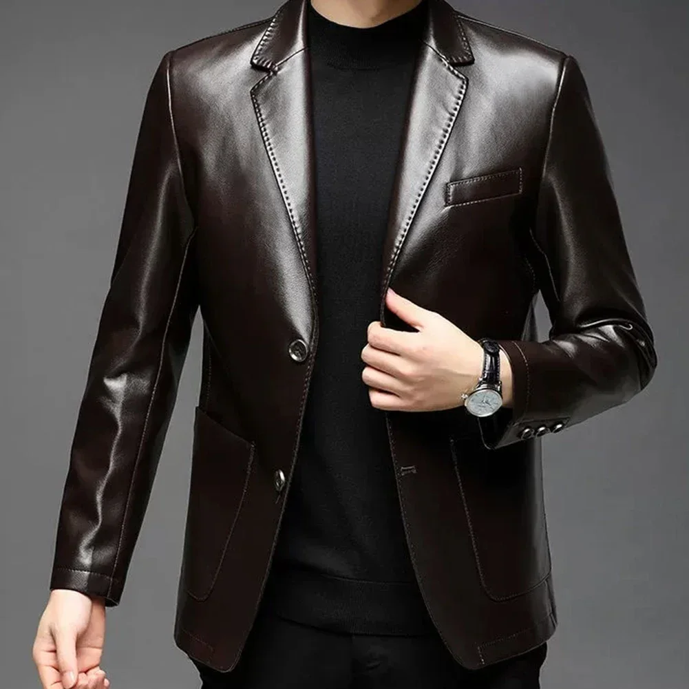 

Top Mens Jacket Long Sleeve Outwear PU Leather Suit Suit Collar Thick Warm Add Velvet All-match Comfort Fashion