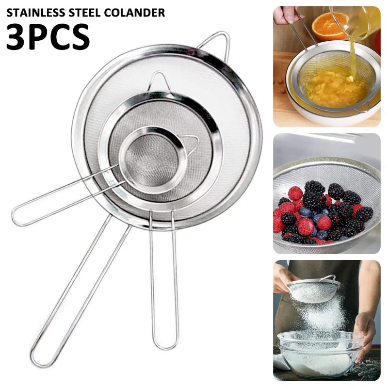 

3pcs Stainless Steel Fine Mesh Food Strainer Sifter For Baking With Handle Flour Sieve Sifter Juice Soy Milk Baking Kitchen Tool